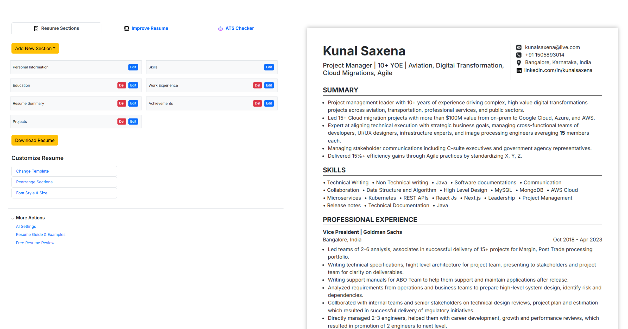 1millionresume free resume builder showing your resume on right and actions on left side