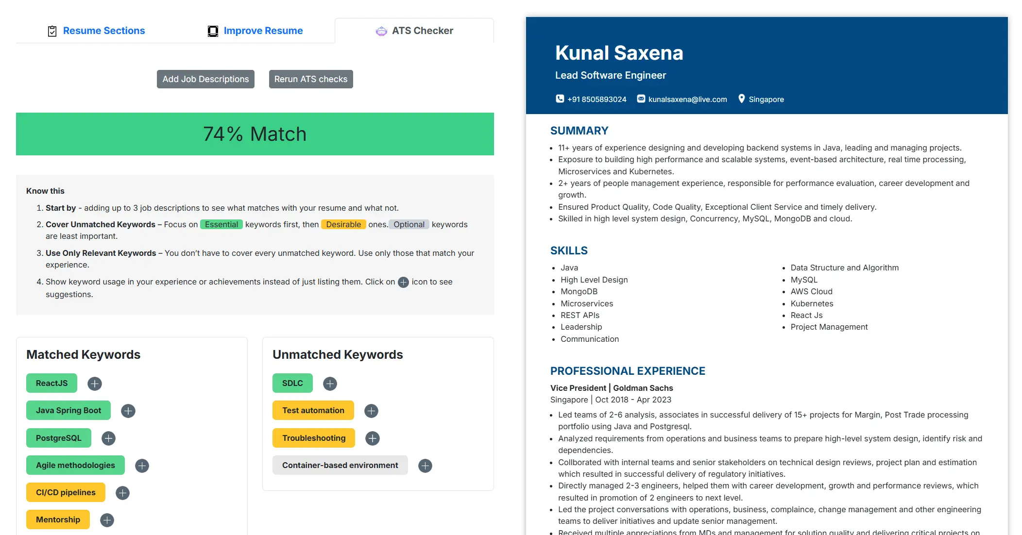 resume and job description matching tool showing results and missing keywords