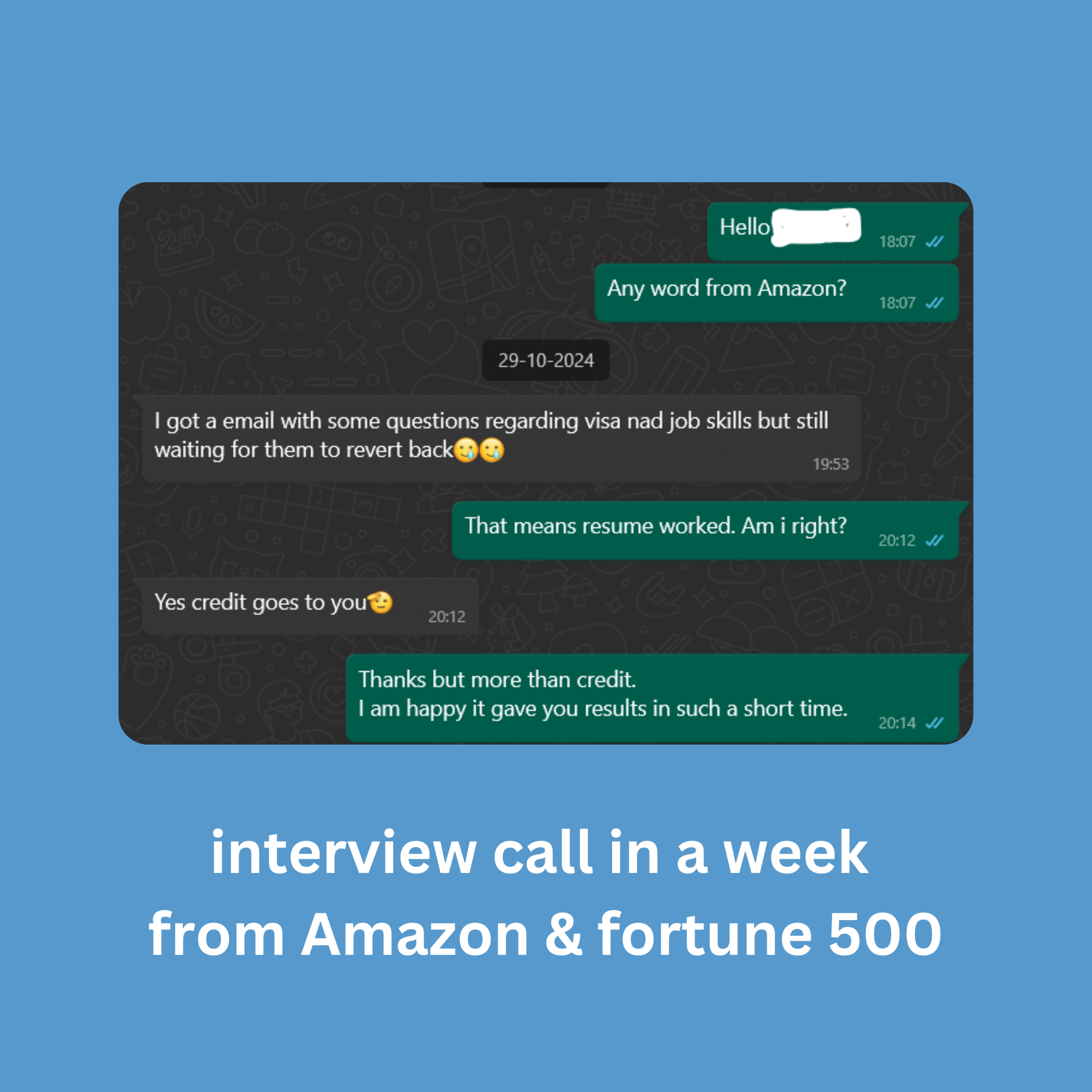 resume writing service success story about landing interview at amazon and fortune 500 company