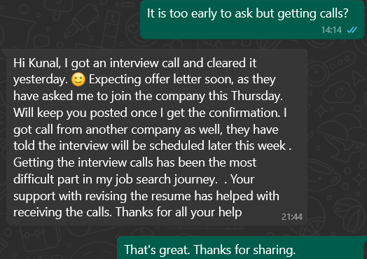 resume writing service success story about landing job at Wipro IT