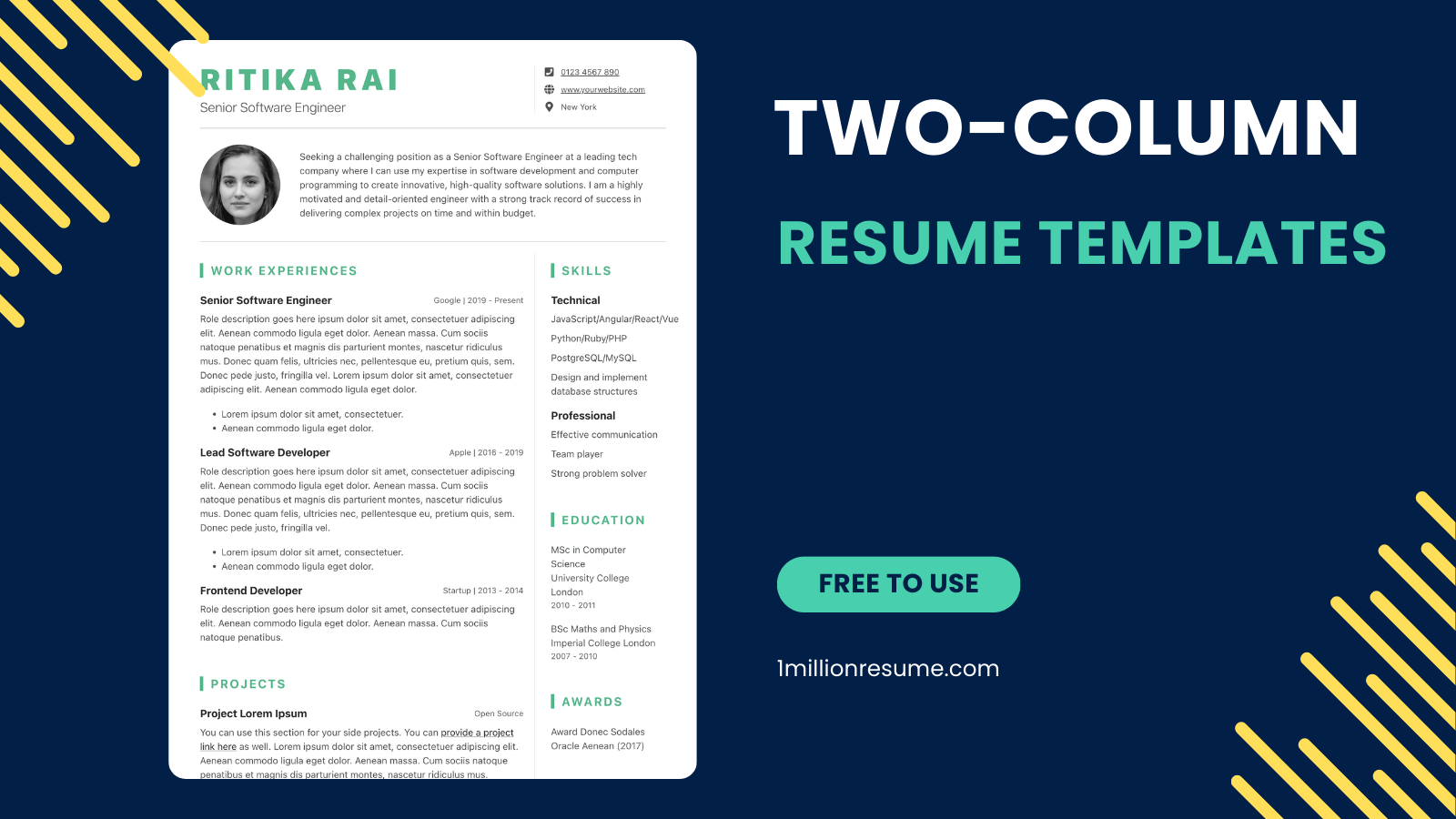 Eye Catching Two Column Resume Templates 1MillionResume