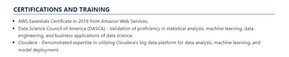 Example to write certification and trainings in resume from 1millionresume.com
