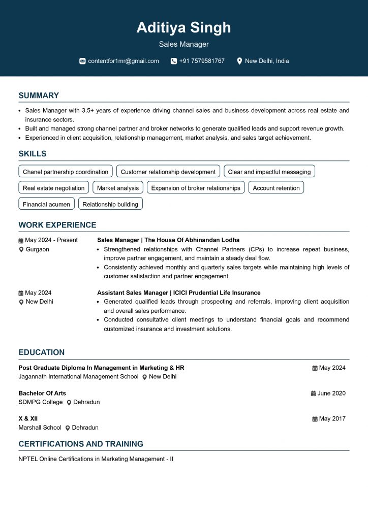 This image is showing Sales Manager Resume example