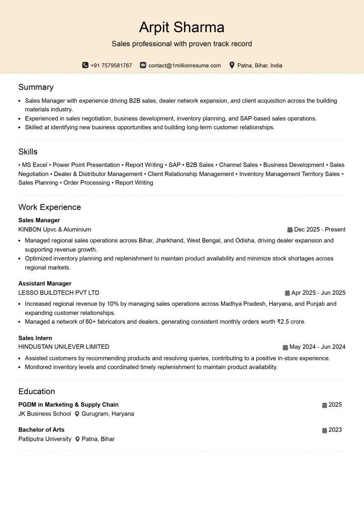 This image is showing Sales Manager Resume Example.