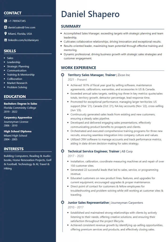 A Sales Manager Resume Example using modern template. This resume template shows contact information, summary, skills, education work experience and interests sections.