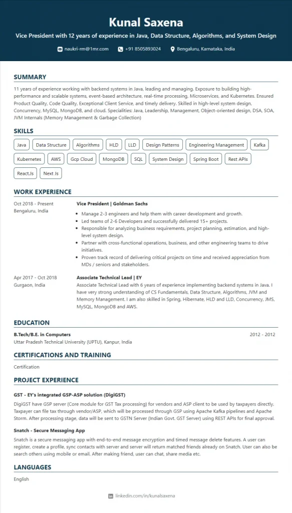 kunal saxena resume created with 1millionresume ai resume builder