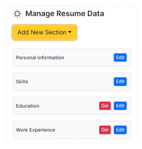 section control to add, edit and delete resume sections in ai resume builder