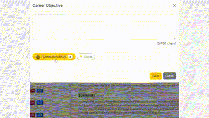 AI generating career objective in 1millionresume ai resume builder