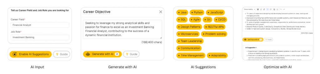 provide the required input in 1millionresume ai resume builder and use ai to generate resume, suggest improvements and optimize resume