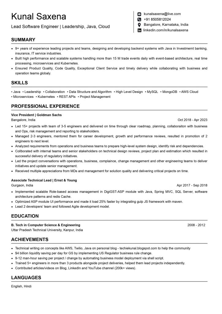 lead software engineer resume