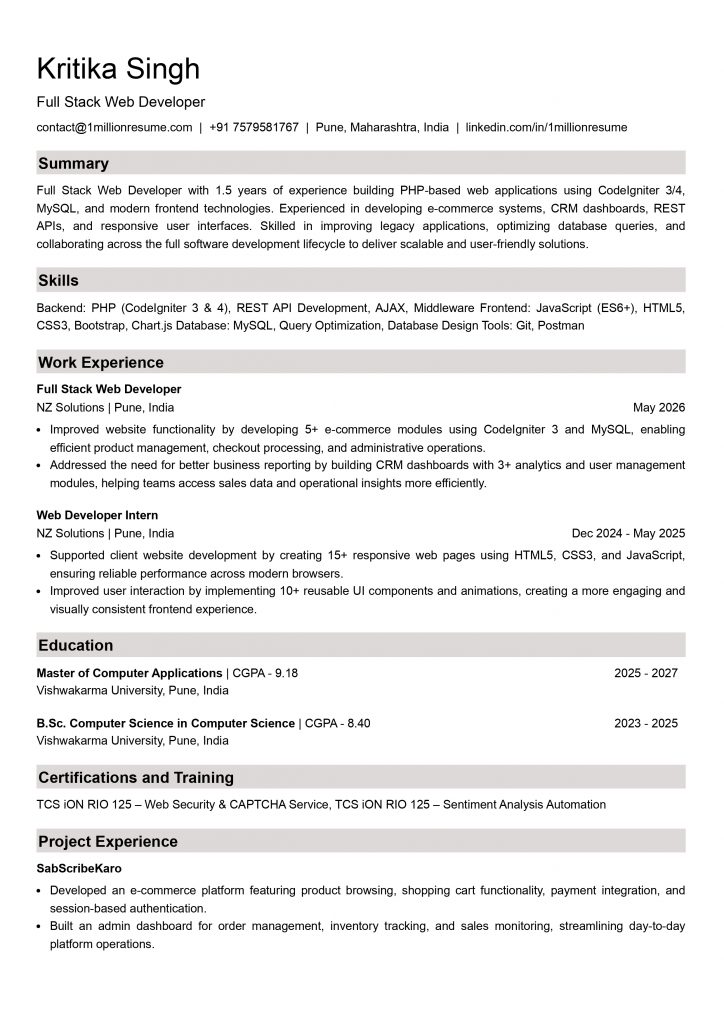 This image is showing entry level full stack web developer resume example