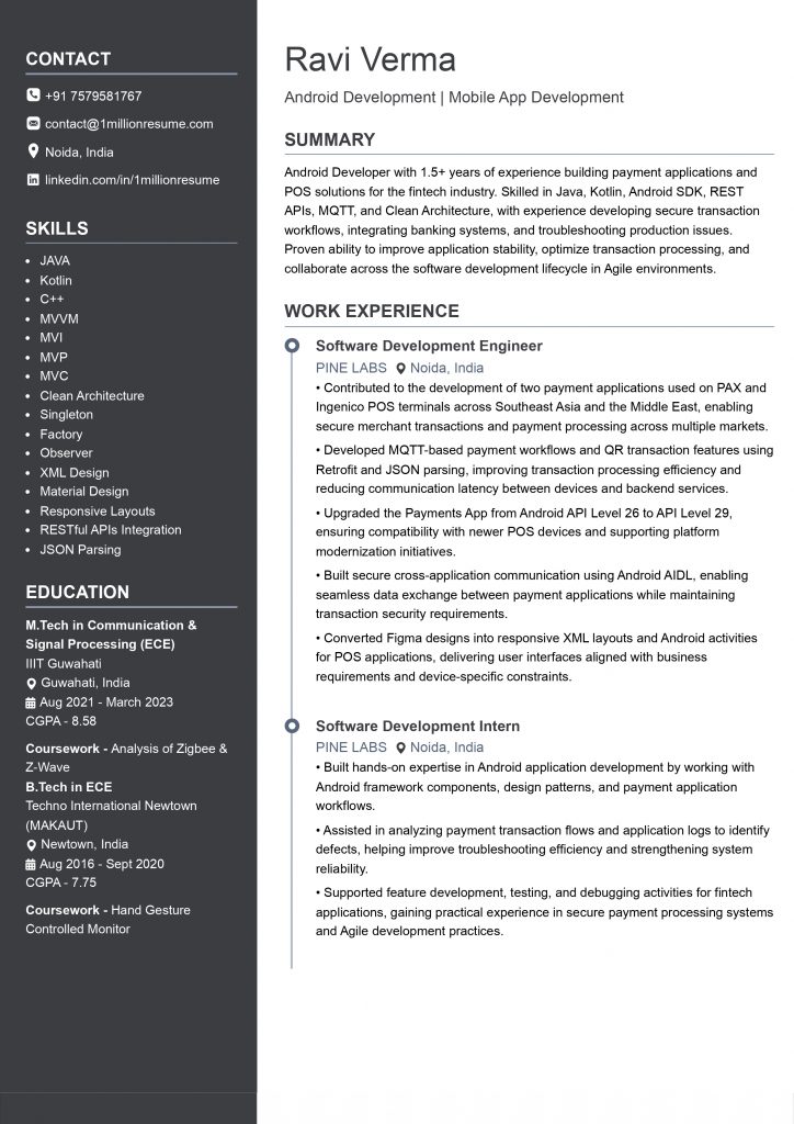 This image is showing mobile app development resume example.