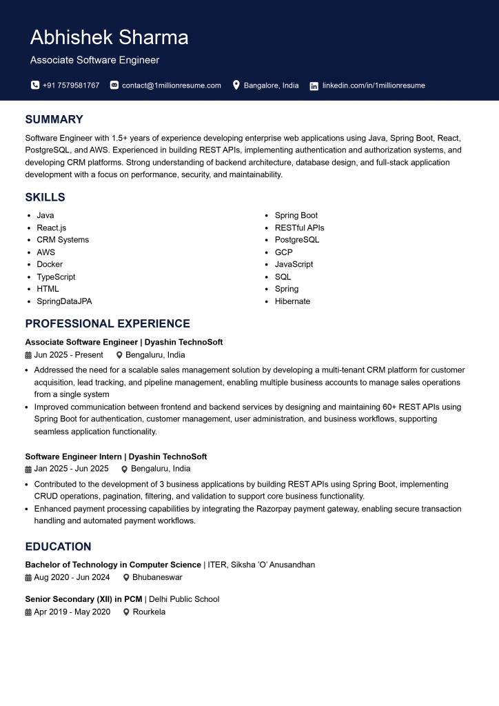 This image is showing entry level associate software engineer resume example