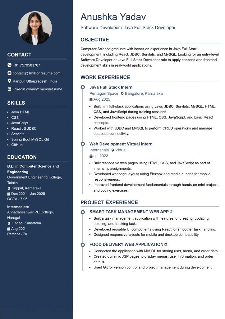 This image is showing Anushka Yadav full stack developer resume example.