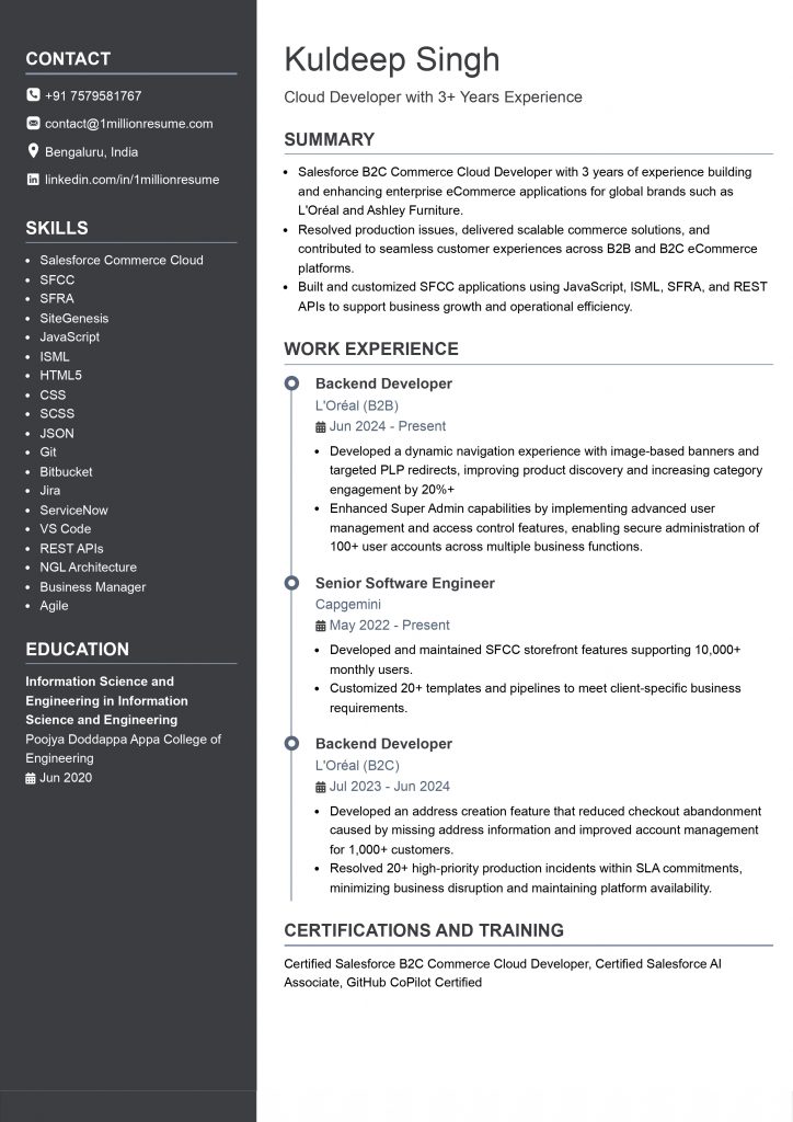 This image is showing senior cloud developer resume example.