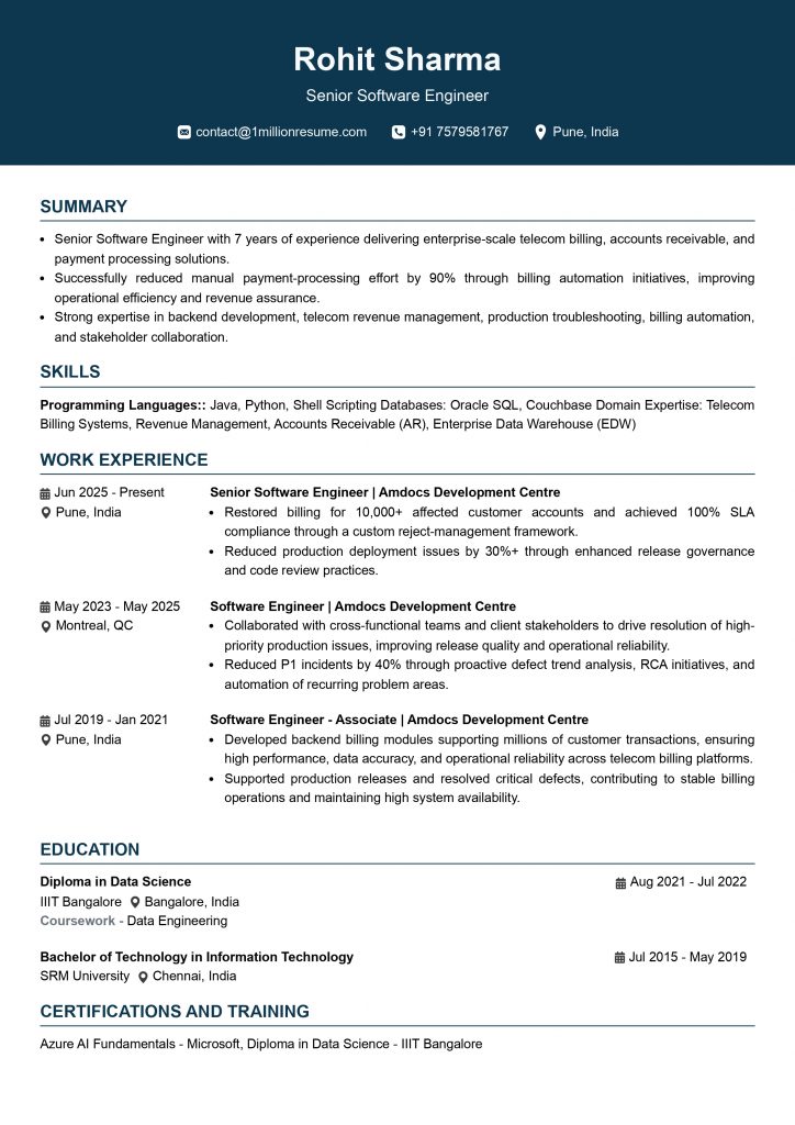 This image is showing senior software resume example.