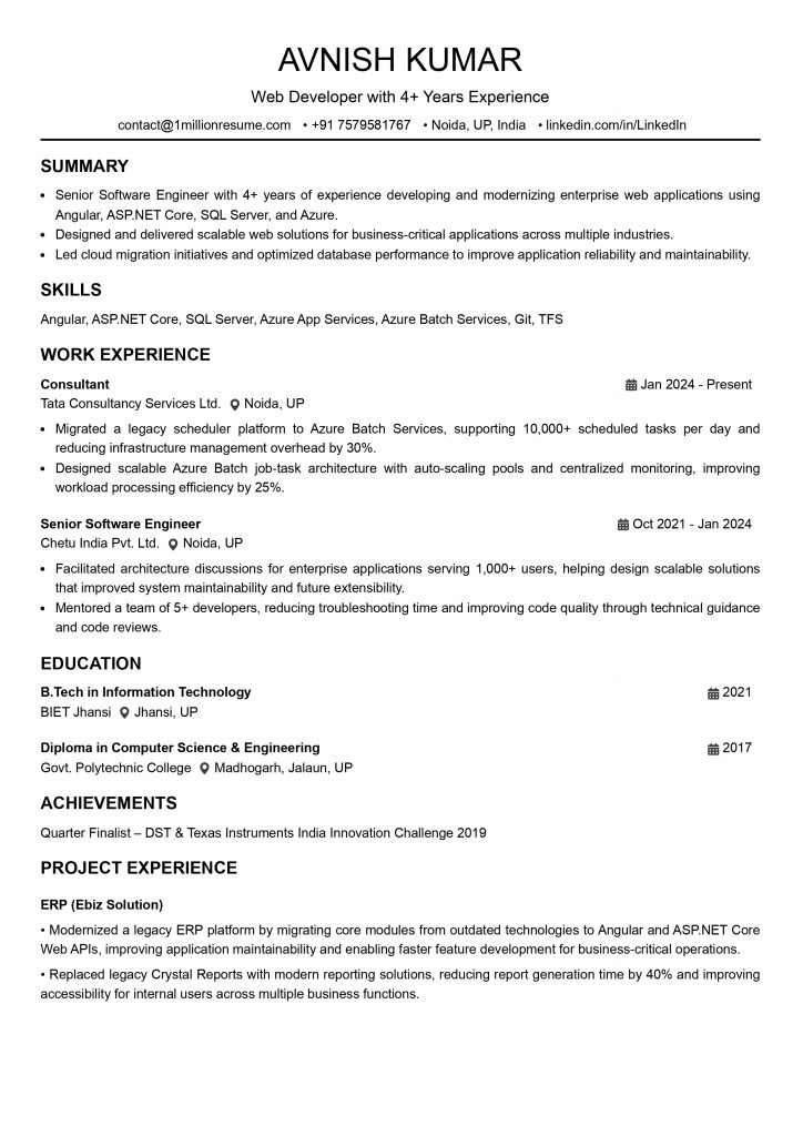 This image is showing senior web developer resume example.