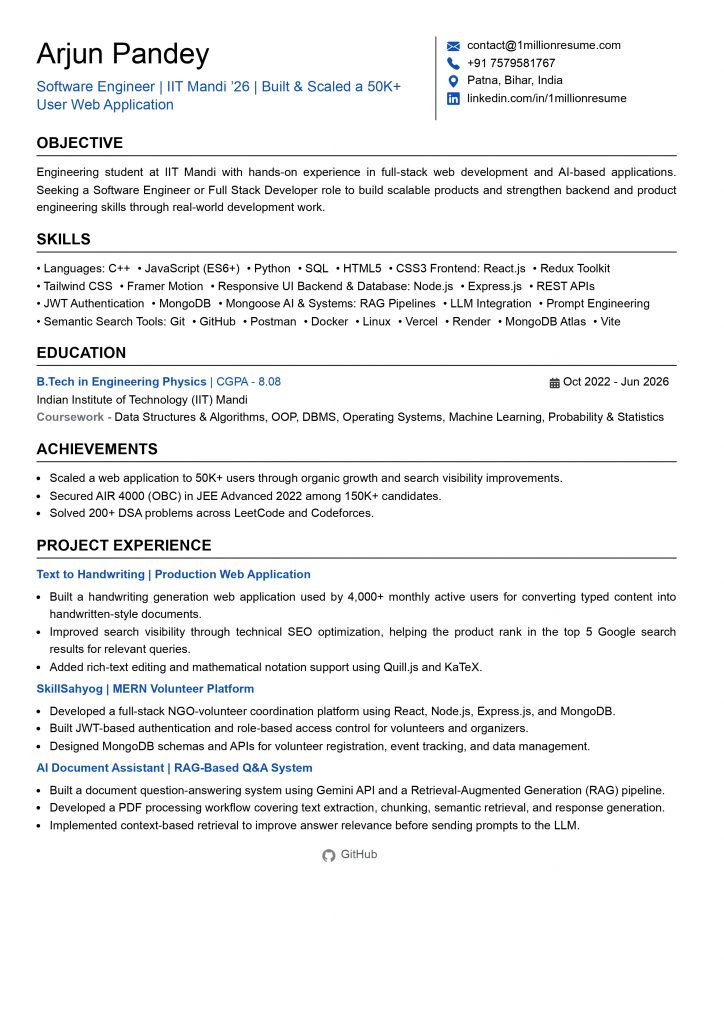 This image is showing Arjun Pandey fresher software engineer resume example