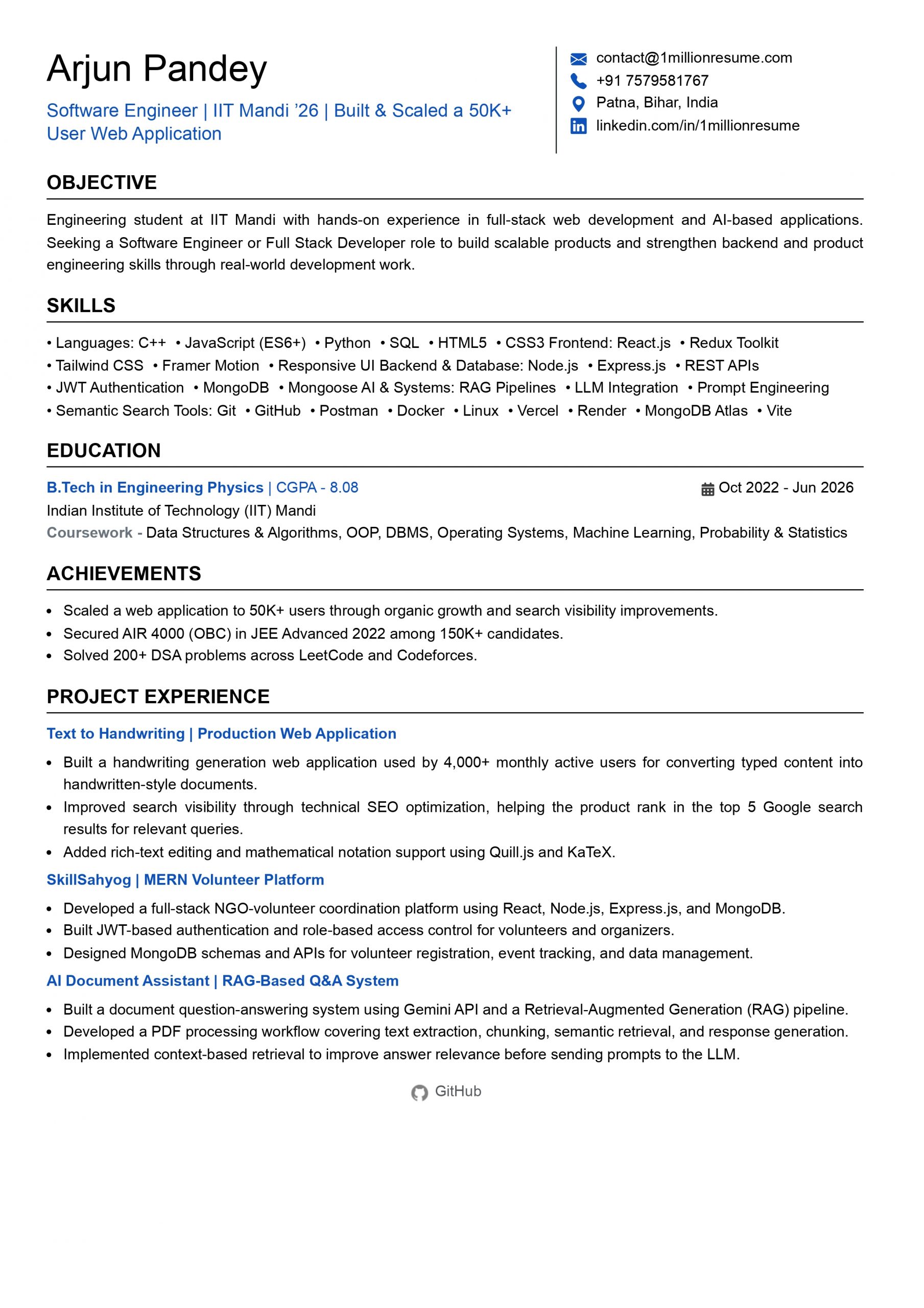 Fresher Software Engineer Resume Examples & Guide | 1MillionResume