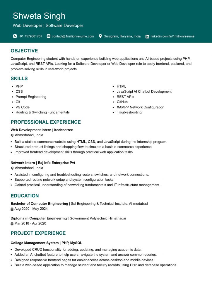 This image is showing shweta singh web developer resume example