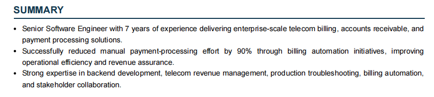 This image is showing senior software engineer resume summary section.