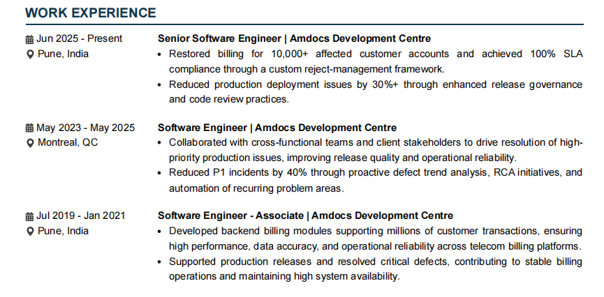 This image is showing senior software engineer resume work experience section.