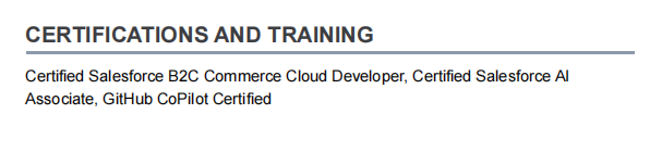 This image is showing Senior software engineer resume certification section.