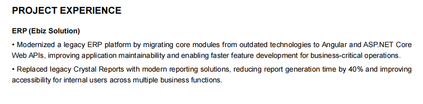 This image is showing senior software engineer resume project experience section.
