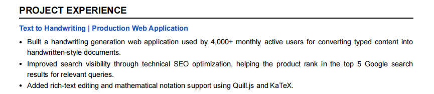 This image is showing about fresher software engineer resume project section