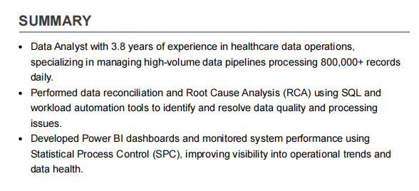 This image is showing Data Analyst resume summary section.