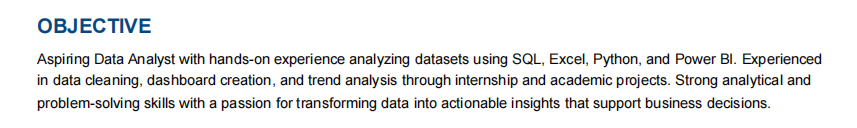 This image is showing Data Analyst resume objective section. 