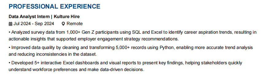 This image is showing Data Analyst resume Internship Section.