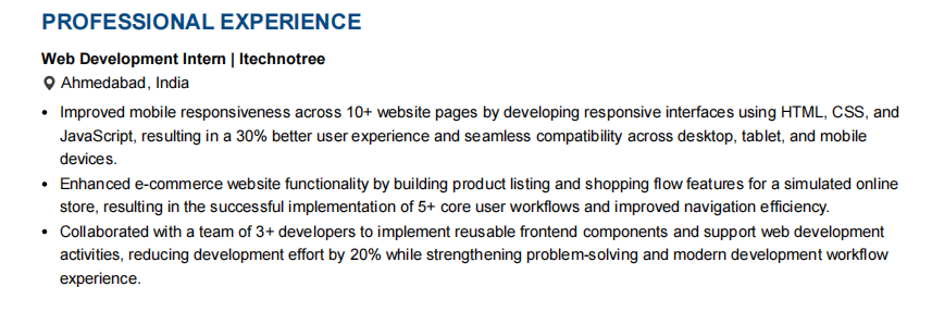This image is showing is fresher software engineer resume internship section 