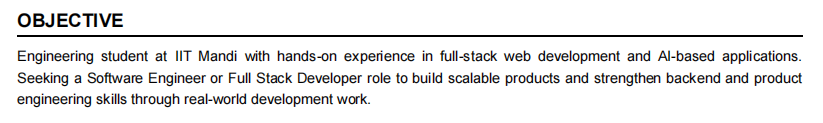 This image is showing fresher software engineer resume career objective section