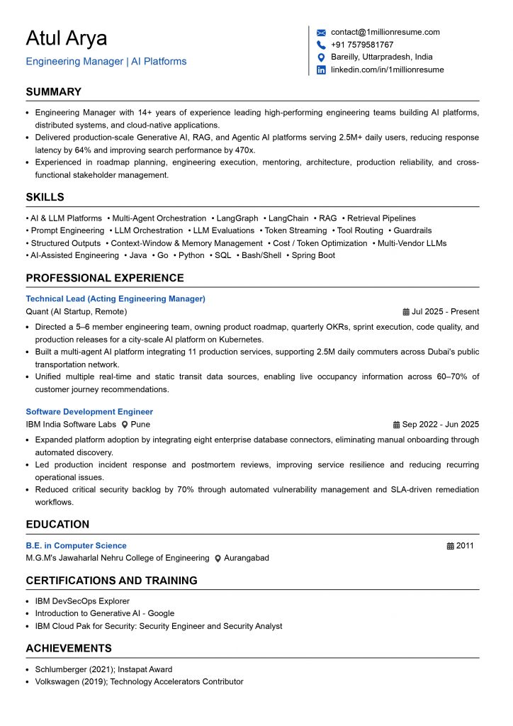 This image is showing Engineering Manager Resume Example.