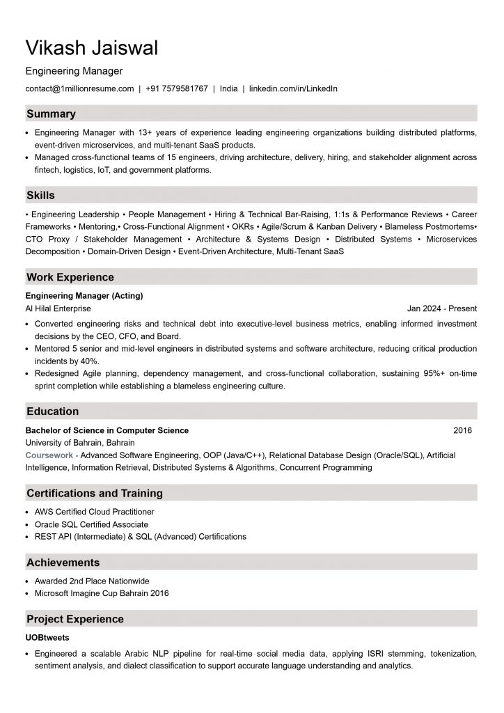 This image is showing Engineering Manager Resume Example.