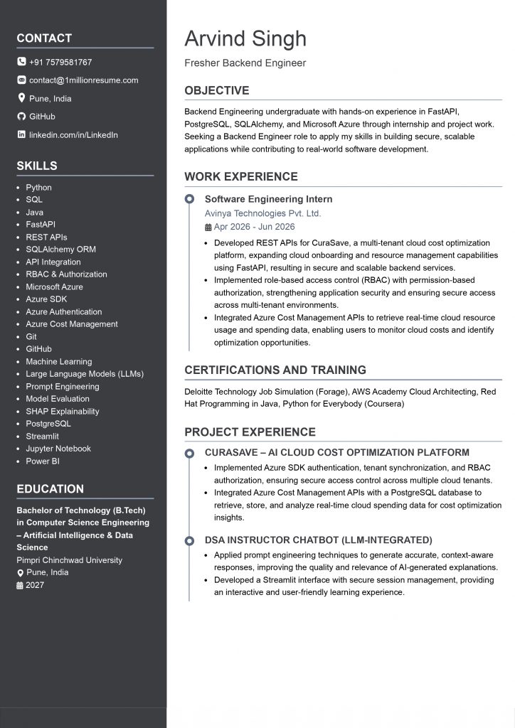 This image is showing Fresher Backend Engineer Resume Example.