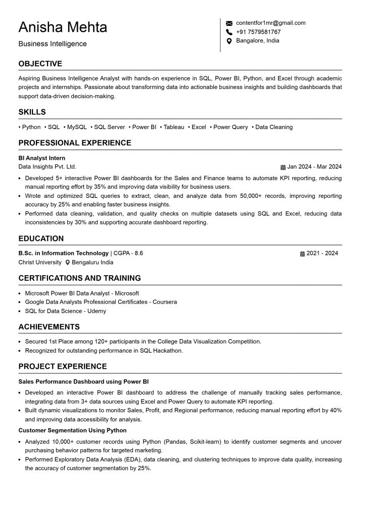 This image is showing fresher Business Intelligence resume example