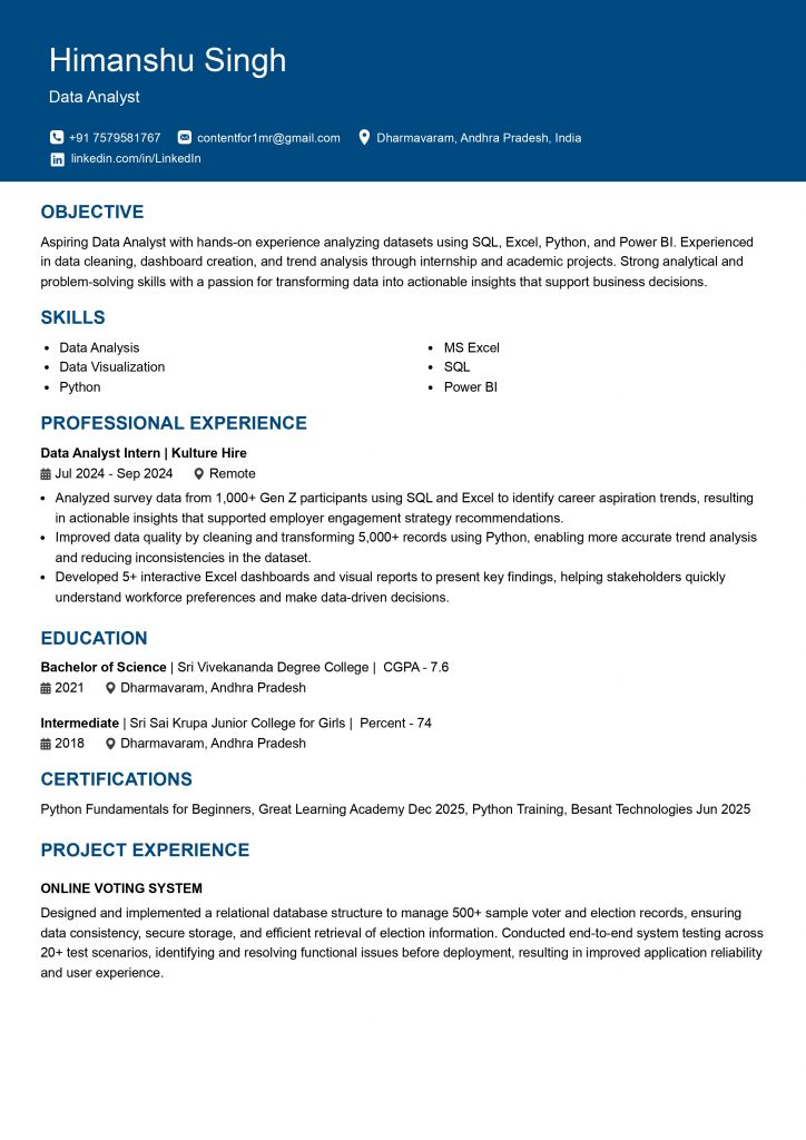 This image is showing Fresher Data Analyst resume example.