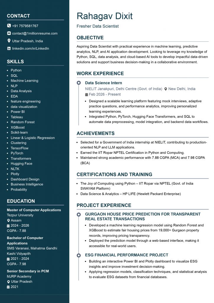 This image is showing Fresher Data Scientist Resume Example