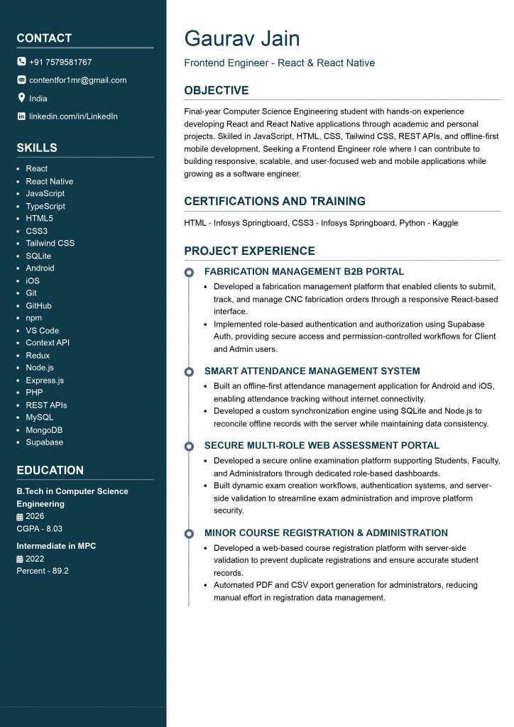 This image is showing Fresher Frontend Engineer resume example