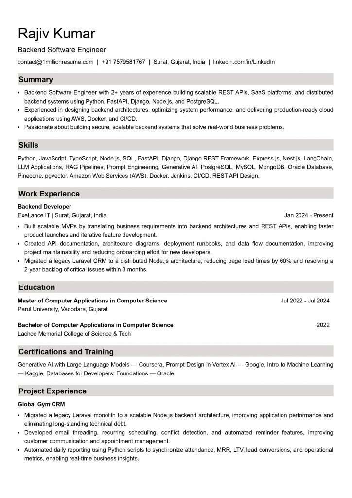 This image is showing Mid-Level Backend Engineer Resume Example