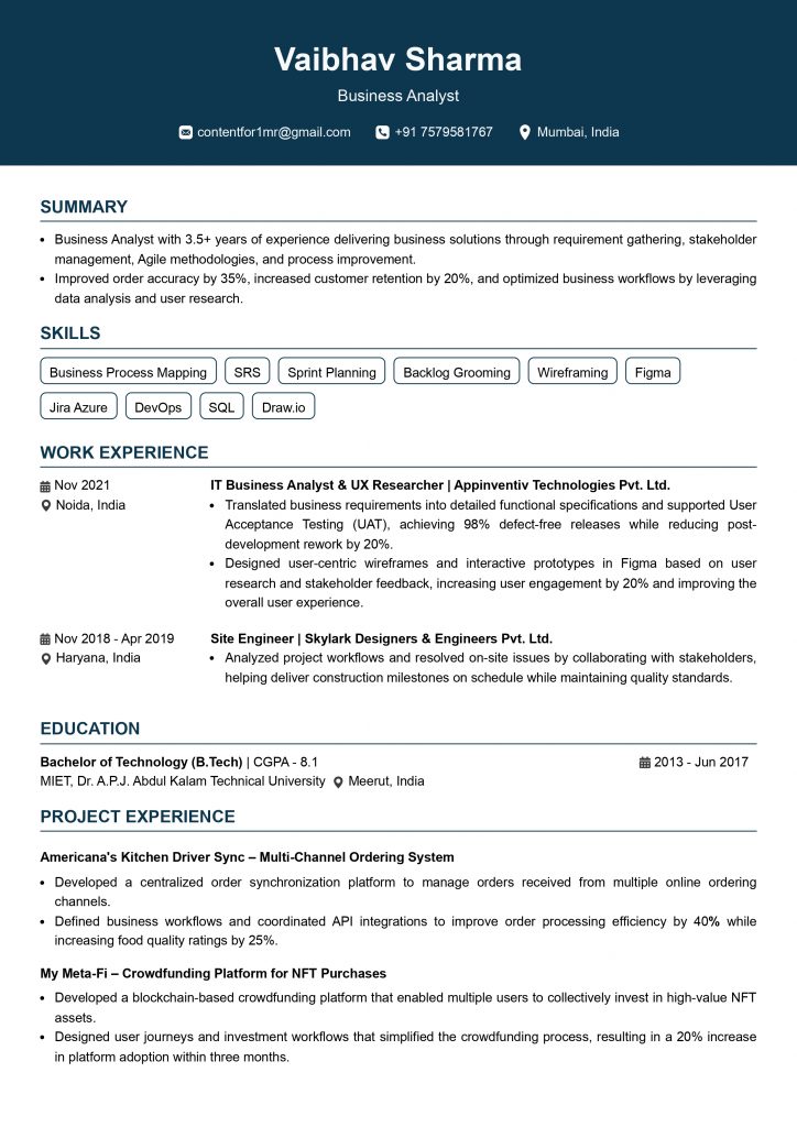 This image is showing Mid-Level Business Analyst Resume Example