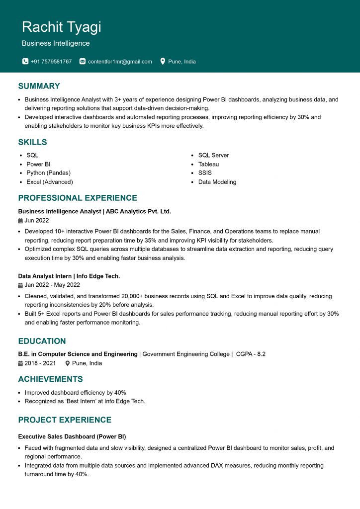 This image is showing mid-level Business Intelligence resume example. 