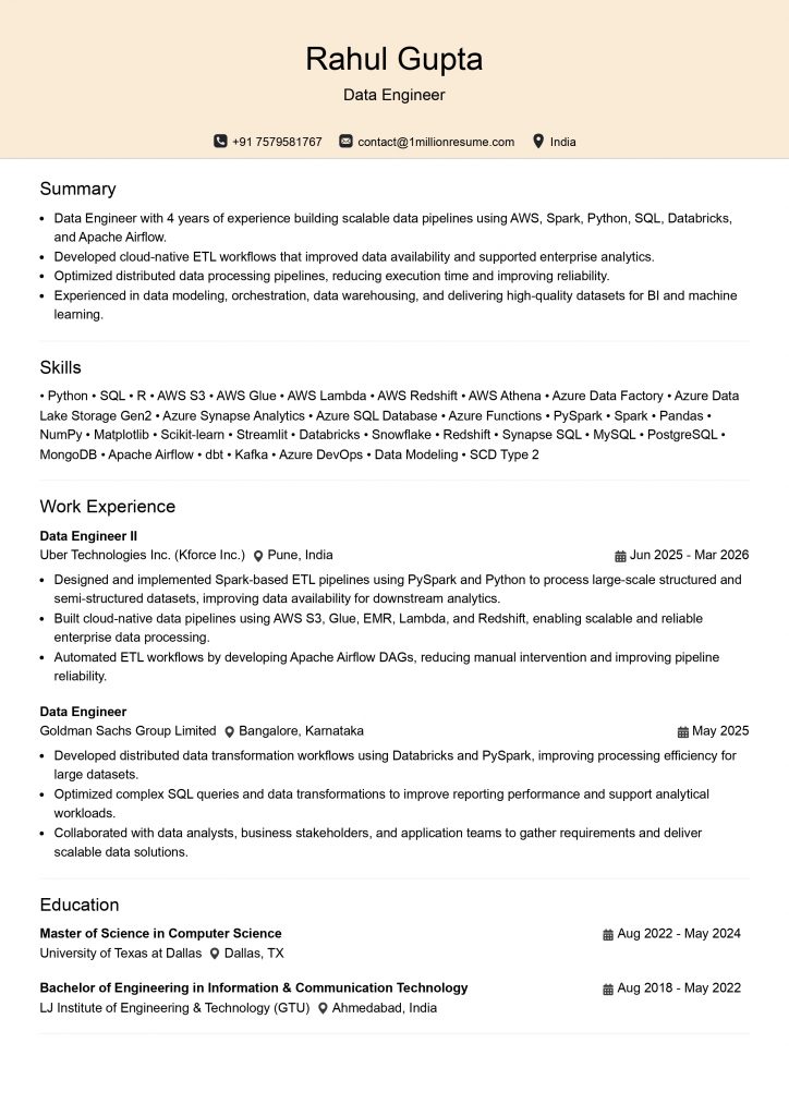 This image is showing Mid-Level Data Engineer Resume Example