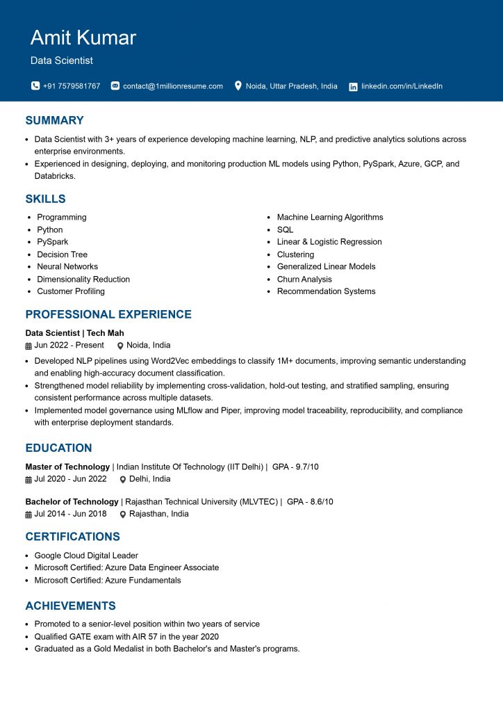 This image is showing Mid-Level Data Scientist Resume Example.