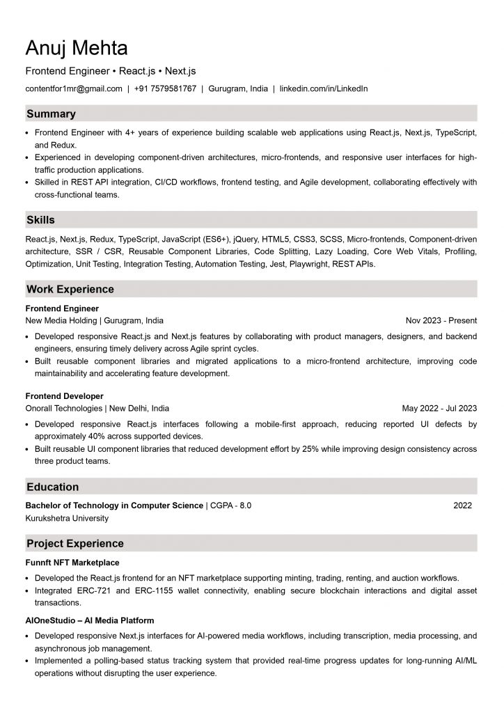 This image is showing Mid-Level Frontend Engineer Resume Example.
