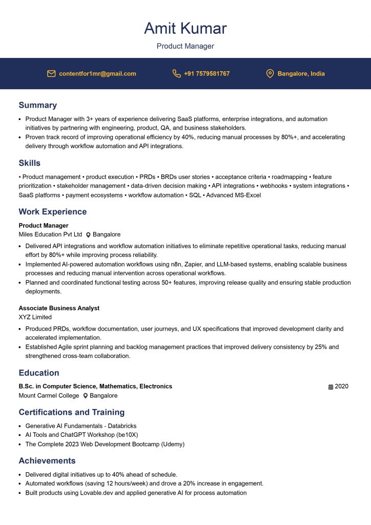 This image is showing Mid-Level Product Manager Resume Example.