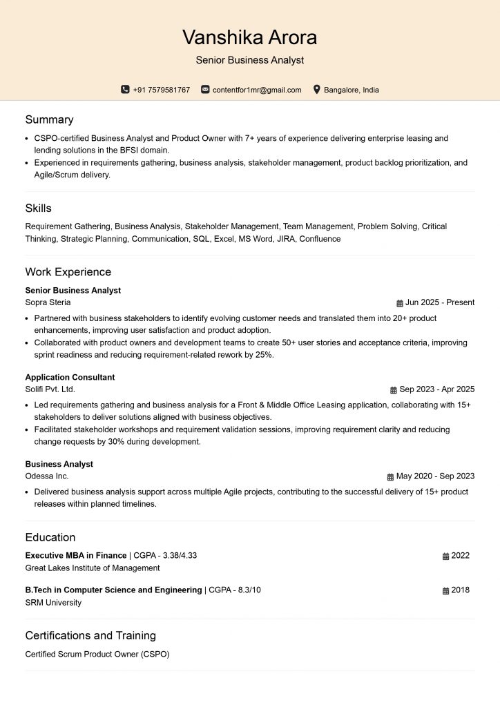 This image is showing Senior Business Analyst Resume Example