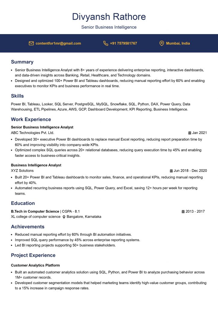 This image is showing senior Business Intelligence resume example.
